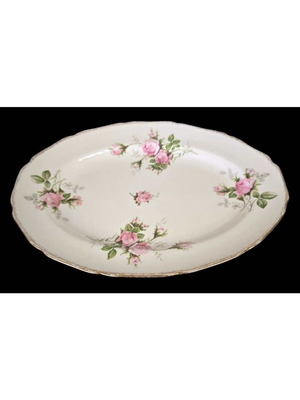 Vintage Oval Serving Platter With Pink Rose Ceramic Floral Design & Gold Trim